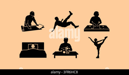 Black silhouette figures engaged in relaxation entertainment and fitness Stock Vector