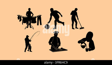 Collection of black silhouette figures engaged in household and leisure tasks Stock Vector