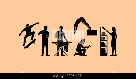 Black silhouettes of people engaged in various hobbies and daily activities Stock Vector