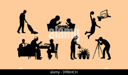 Black silhouette figures of individuals engaged in housework board games Stock Vector