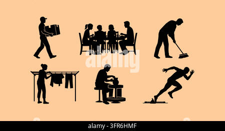 Set of black silhouettes depicting various daily life and work activities Stock Vector