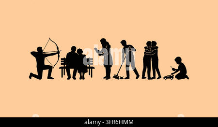 Set of human silhouette illustrations showing family and hobbies Stock Vector