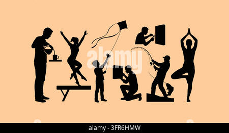 Collection of people silhouettes engaged in sports and hobbies with recreation Stock Vector