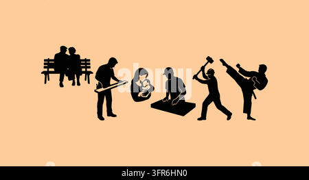 Collection of human silhouettes engaged in hobbies and martial arts Stock Vector