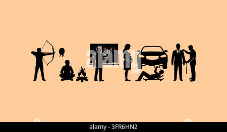 Collection of diverse human occupation and lifestyle silhouettes with car repair Stock Vector