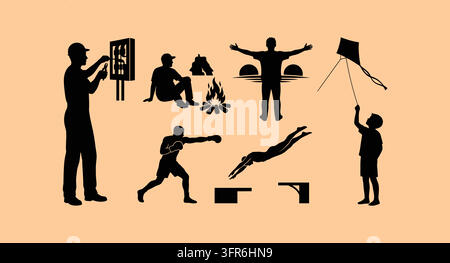 Set of black human silhouettes performing different hobbies and outdoor pursuits Stock Vector