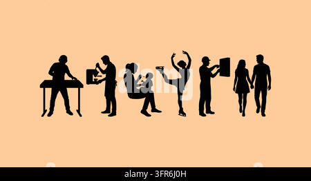 Black silhouettes of people working, feeding baby, dancing and walking together Stock Vector