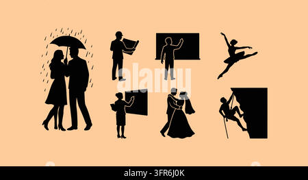Collection of black silhouettes representing couples work education Stock Vector