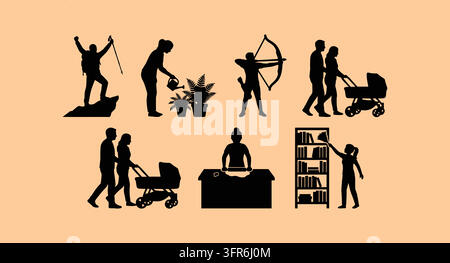 Black silhouettes of hikers gardeners archers families and students reading Stock Vector
