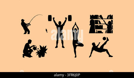 Black silhouette graphics representing fitness reading and gardening hobbies Stock Vector