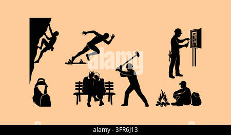 Set of black action figures and activity silhouettes on background Stock Vector