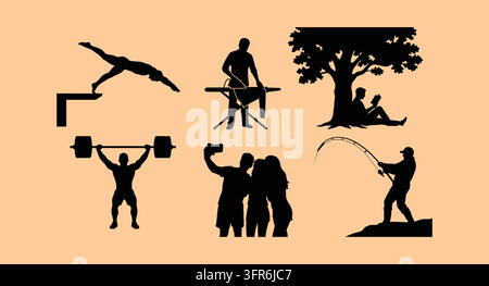Collection of black silhouette figures engaged in sports and leisure Stock Vector
