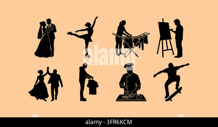 Diverse set of black silhouettes representing weddings arts music Stock Vector