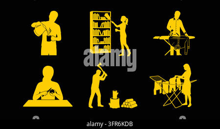 Yellow silhouette icons depicting indoor chores and daily tasks Stock Vector