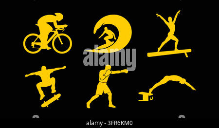 Yellow silhouettes representing sports fitness and athletic training exercises Stock Vector