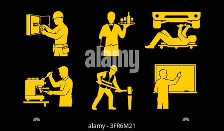 Yellow diverse professions and occupations silhouette collection with mechanic Stock Vector