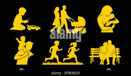 Yellow family leisure and outdoor activities silhouette set with black backgroun Stock Vector