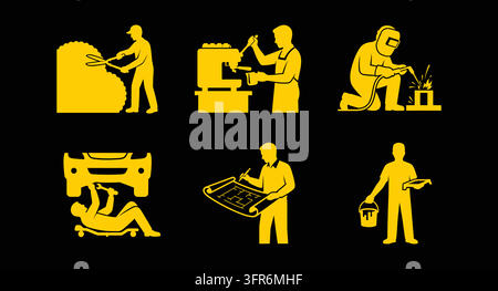 Set of yellow industrial worker silhouettes on black background Stock Vector