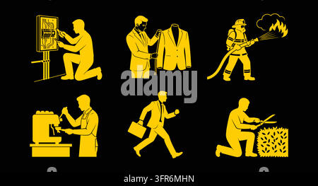 Yellow occupations and service workers silhouettes set with business Stock Vector