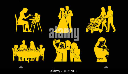Yellow silhouette icons representing family life and relationships with children Stock Vector