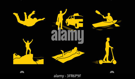 Collection of yellow vacation and extreme sports icons against black Stock Vector
