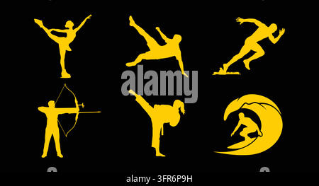 Collection of golden athletic silhouettes showing diverse sports disciplines Stock Vector