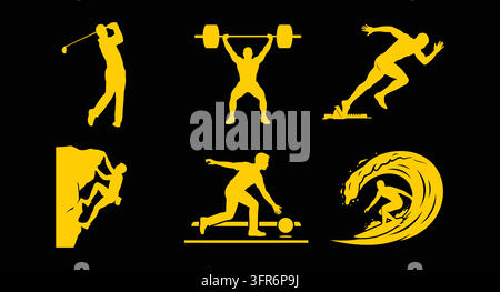 Yellow sports and athletic activity icons set on black background with graphics Stock Vector
