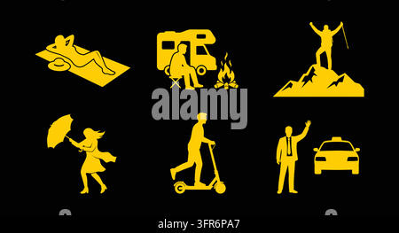 Set of yellow symbols showcasing vacation activities and outdoor recreation Stock Vector