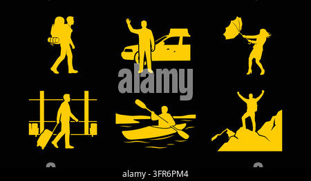 Outdoor journey and active travel yellow silhouette set with adventure Stock Vector