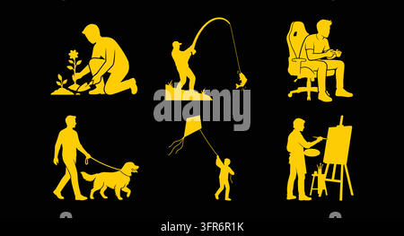 Yellow leisure activities silhouettes set with walking dog and kite flying Stock Vector