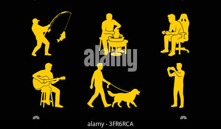 Yellow silhouette icons representing leisure activities and personal hobbies Stock Vector