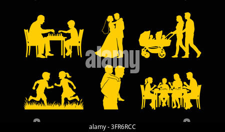 Collection of golden family silhouettes with wedding chess and stroller Stock Vector