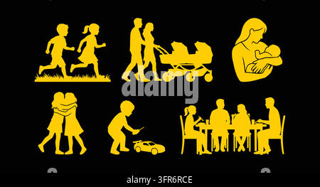 Set of yellow family silhouettes featuring kids stroller and car toy on black Stock Vector