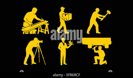 Yellow occupational silhouettes set showcasing diverse trade workers Stock Vector