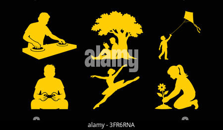 Yellow leisure and hobbies activity silhouette icons on black background Stock Vector