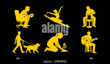 Yellow silhouette icons featuring people working and enjoying various hobbies Stock Vector