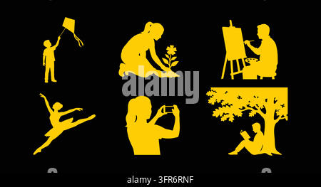 Yellow silhouette set showing people engaging in various hobbies and outdoor Stock Vector