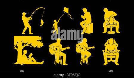 Yellow recreational hobbies and outdoor pastimes silhouettes set on black Stock Vector