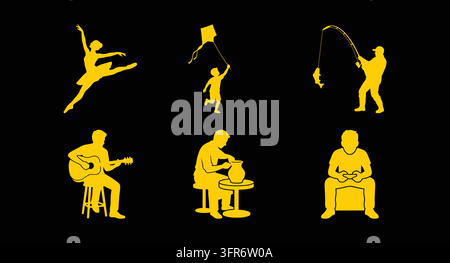 Yellow silhouette symbols representing arts and crafts hobbies on black Stock Vector