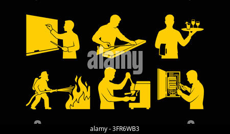 Collection of yellow symbols showing service and professional activities Stock Vector