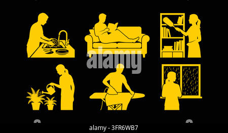Yellow graphic icons showing people engaged in indoor cleaning and relaxation Stock Vector