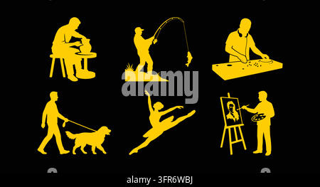 Yellow silhouette graphics showing diverse leisure activities and hobbies Stock Vector