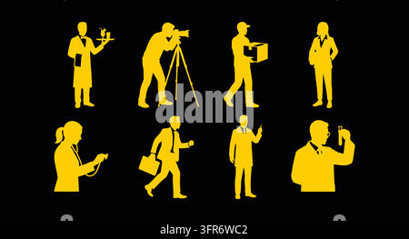 Yellow silhouette icons representing various professions and business Stock Vector