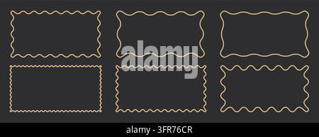Six decorative wavy rectangular frames with scalloped borders, minimalist beige outline design on dark charcoal background for posters, invitations Stock Vector