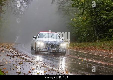 Road conditions in autumn. Falling foliage and wet roads in connection with fog are a danger situation on the road. Tire with leaves and car on wet ro Stock Photo