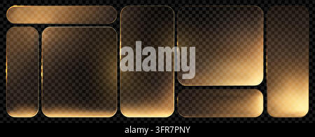 Gold box glass and text morphism golden with frame 3d button. Background light banner and vector blue shape with black square white. Yellow ui rectang Stock Vector