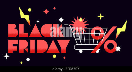 Vector Black Friday sale horizontal web banner design. Bold red typography text with shopping cart and percent sign on dark background. Marketing prom Stock Vector