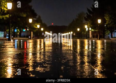 Ground level low angle perspective of wet pavement and blurred streetlight reflections during rainy night in Tokyo Japan Stock Photo