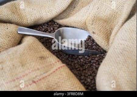 Freshly roasted coffee beans in a tradiitional coffee bag from natural fibres, reshly roasted coffee beans, traditional coffee bag, natural fibers, ru Stock Photo