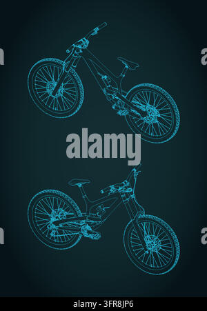 Mountain bike isometric blueprints. Detailed technical drawing set showing downhill MTB from axonometric views Stock Vector